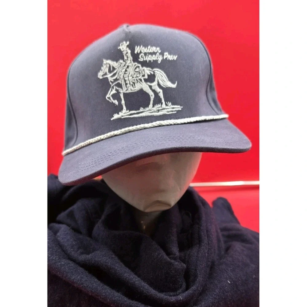 Snapback Hat Western Supply Prov. Cowboy On Horse White Rope On Blue Hat Capture